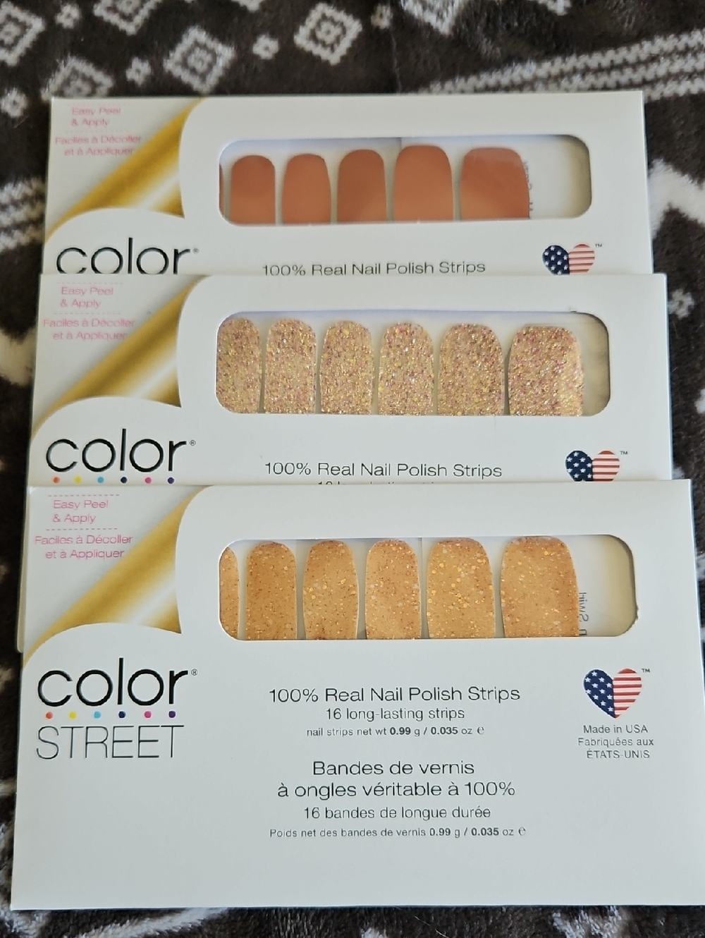 Color Street 3 Sets Maple Me Crazy Cinnamon Swirl Tokyo Lights gold neutral tan